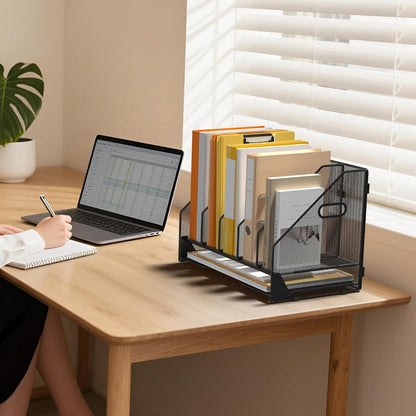 4 Vertical Mesh Desk Organizer with Paper Letter Tray, Black