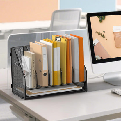 4 Vertical Mesh Desk Organizer with Paper Letter Tray, Black