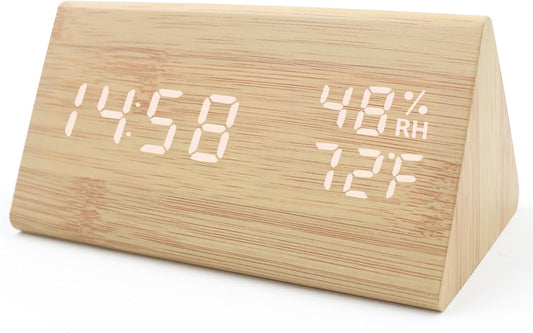 Wooden Digital Alarm Clocks for Bedrooms - Electric Desk Clock with Large Numbers, DC Port, Loud Alarm for Heavy Sleepers, Adjustable Volume, Dimmer, Wood Décor, Adapter Powered