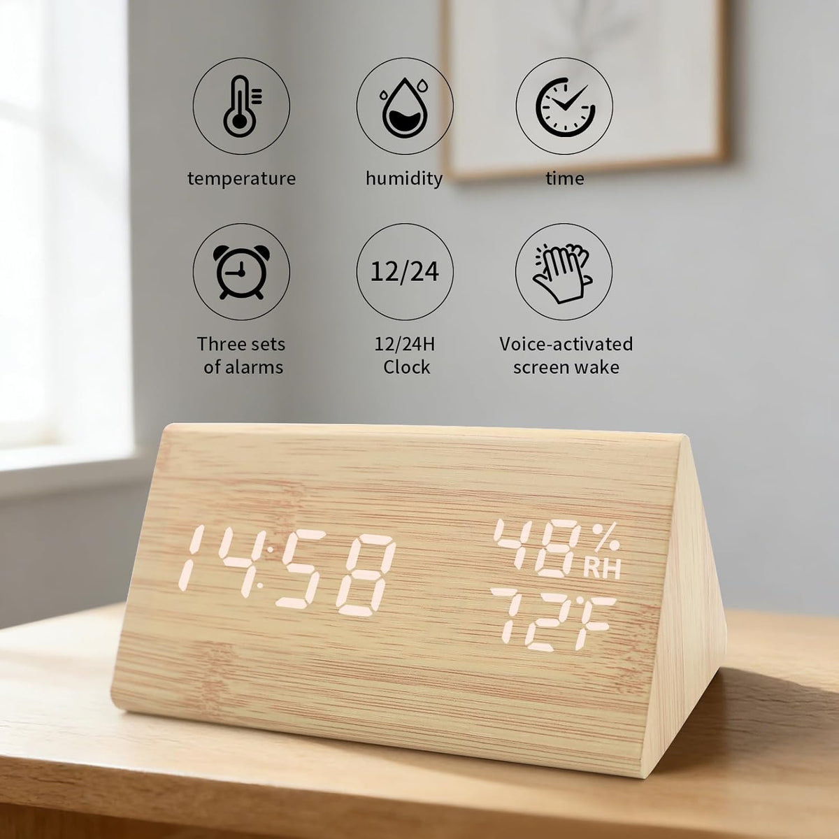 Wooden Digital Alarm Clocks for Bedrooms - Electric Desk Clock with Large Numbers, DC Port, Loud Alarm for Heavy Sleepers, Adjustable Volume, Dimmer, Wood Décor, Adapter Powered