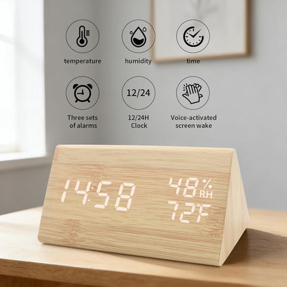 Wooden Digital Alarm Clocks for Bedrooms - Electric Desk Clock with Large Numbers, DC Port, Loud Alarm for Heavy Sleepers, Adjustable Volume, Dimmer, Wood Décor, Adapter Powered