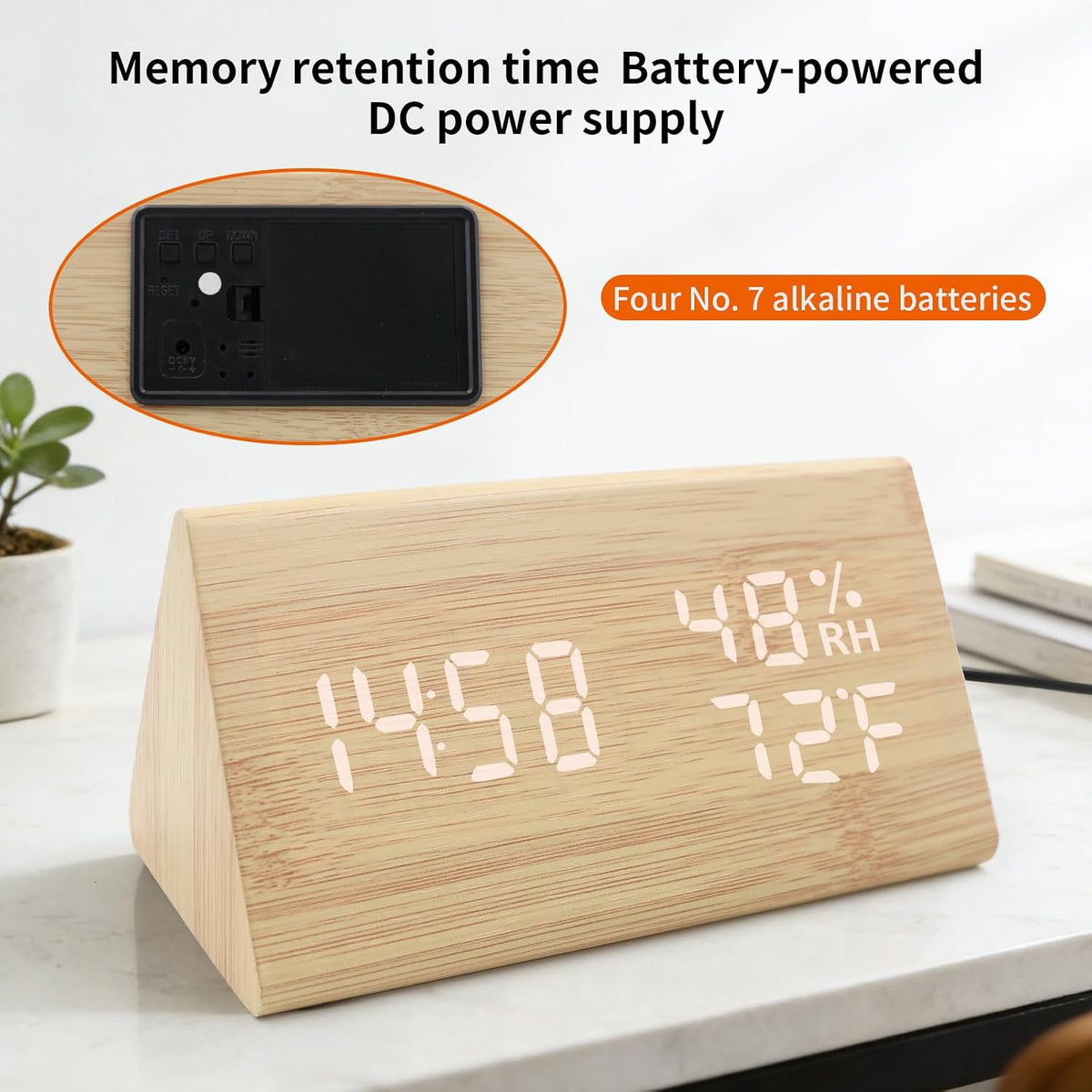 Wooden Digital Alarm Clocks for Bedrooms - Electric Desk Clock with Large Numbers, DC Port, Loud Alarm for Heavy Sleepers, Adjustable Volume, Dimmer, Wood Décor, Adapter Powered