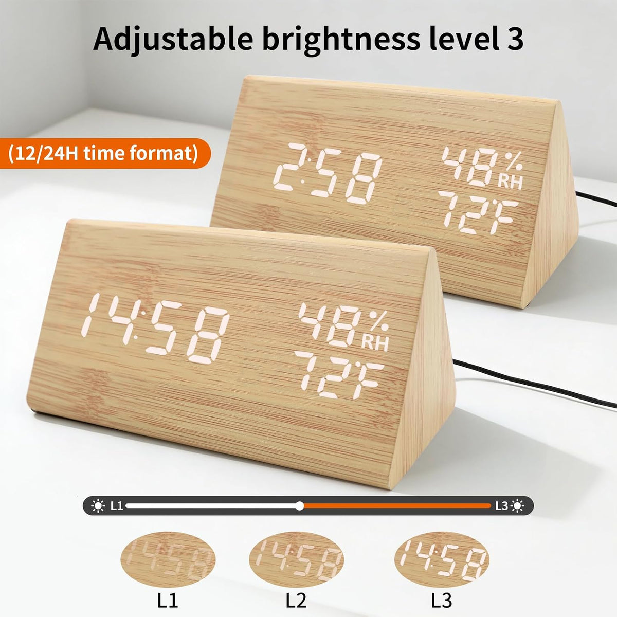 Wooden Digital Alarm Clocks for Bedrooms - Electric Desk Clock with Large Numbers, DC Port, Loud Alarm for Heavy Sleepers, Adjustable Volume, Dimmer, Wood Décor, Adapter Powered