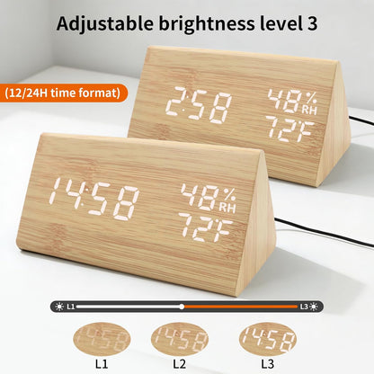 Wooden Digital Alarm Clocks for Bedrooms - Electric Desk Clock with Large Numbers, DC Port, Loud Alarm for Heavy Sleepers, Adjustable Volume, Dimmer, Wood Décor, Adapter Powered