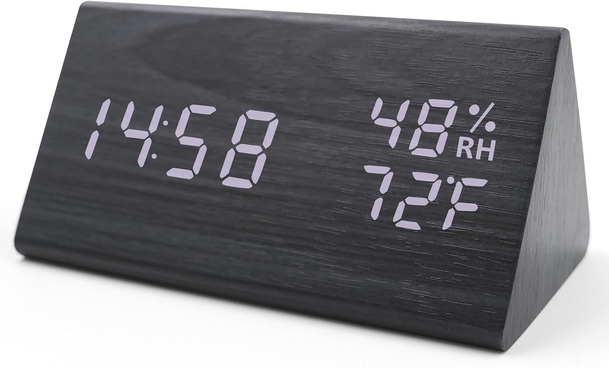 Wooden Digital Alarm Clocks for Bedrooms - Electric Desk Clock with Large Numbers, DC Port, Loud Alarm for Heavy Sleepers, Adjustable Volume, Dimmer, Wood Décor, Adapter Powered