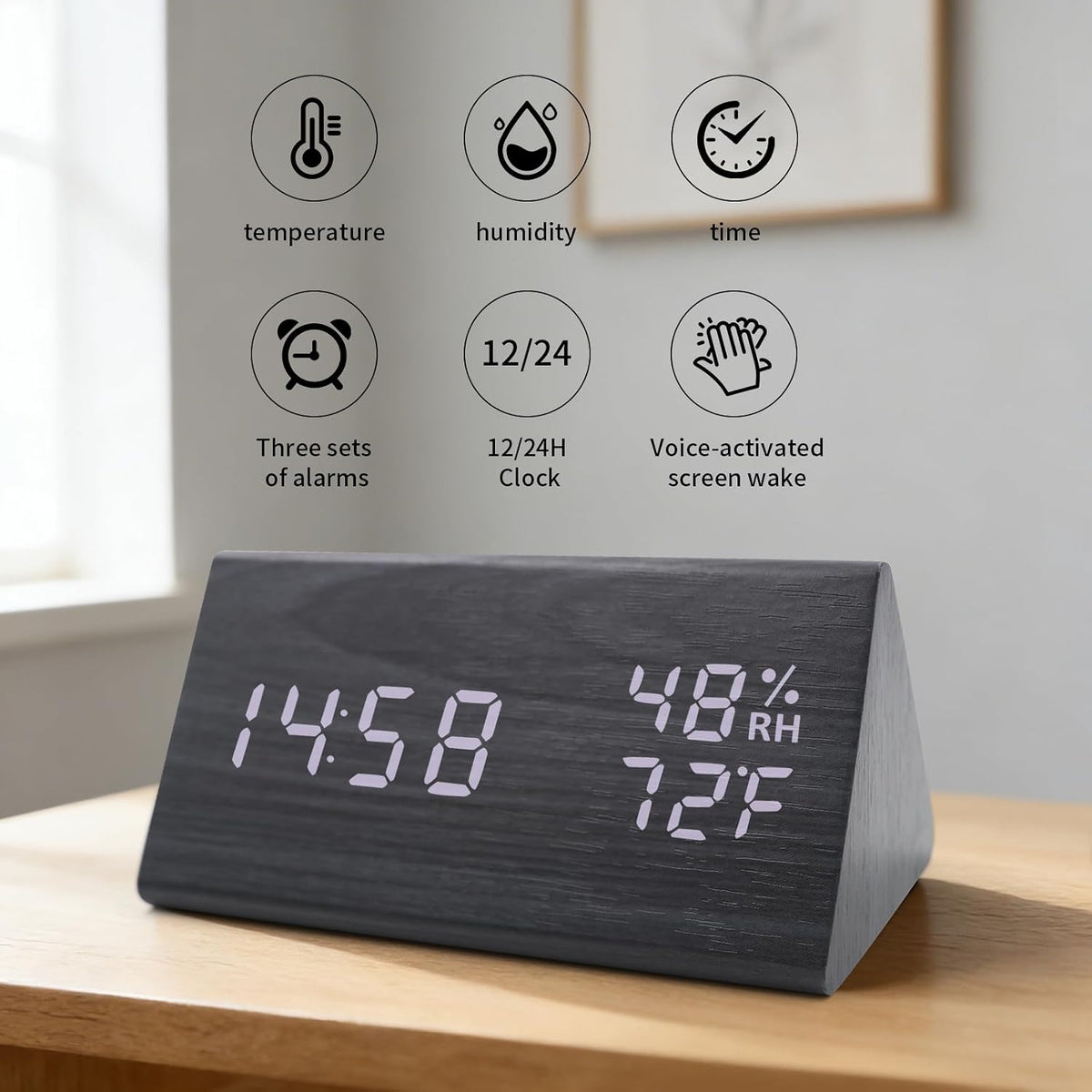 Wooden Digital Alarm Clocks for Bedrooms - Electric Desk Clock with Large Numbers, DC Port, Loud Alarm for Heavy Sleepers, Adjustable Volume, Dimmer, Wood Décor, Adapter Powered