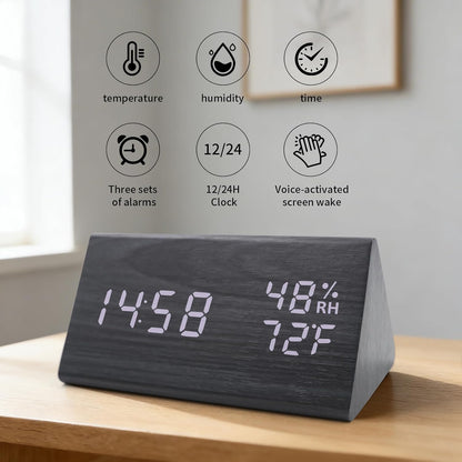 Wooden Digital Alarm Clocks for Bedrooms - Electric Desk Clock with Large Numbers, DC Port, Loud Alarm for Heavy Sleepers, Adjustable Volume, Dimmer, Wood Décor, Adapter Powered