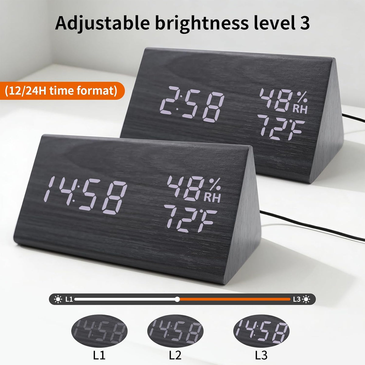 Wooden Digital Alarm Clocks for Bedrooms - Electric Desk Clock with Large Numbers, DC Port, Loud Alarm for Heavy Sleepers, Adjustable Volume, Dimmer, Wood Décor, Adapter Powered