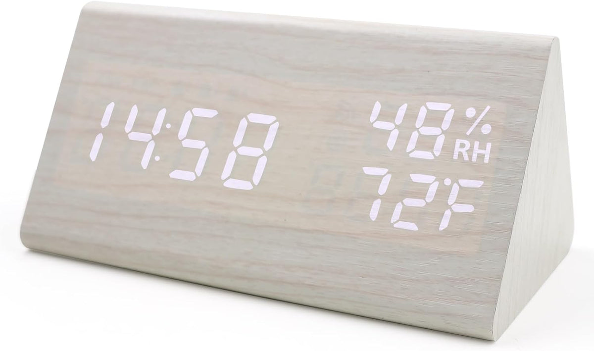 Wooden Digital Alarm Clocks for Bedrooms - Electric Desk Clock with Large Numbers, DC Port, Loud Alarm for Heavy Sleepers, Adjustable Volume, Dimmer, Wood Décor, Adapter Powered