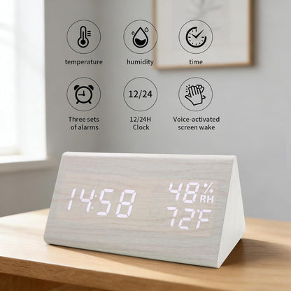 Wooden Digital Alarm Clocks for Bedrooms - Electric Desk Clock with Large Numbers, DC Port, Loud Alarm for Heavy Sleepers, Adjustable Volume, Dimmer, Wood Décor, Adapter Powered