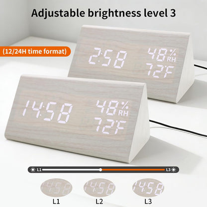 Wooden Digital Alarm Clocks for Bedrooms - Electric Desk Clock with Large Numbers, DC Port, Loud Alarm for Heavy Sleepers, Adjustable Volume, Dimmer, Wood Décor, Adapter Powered