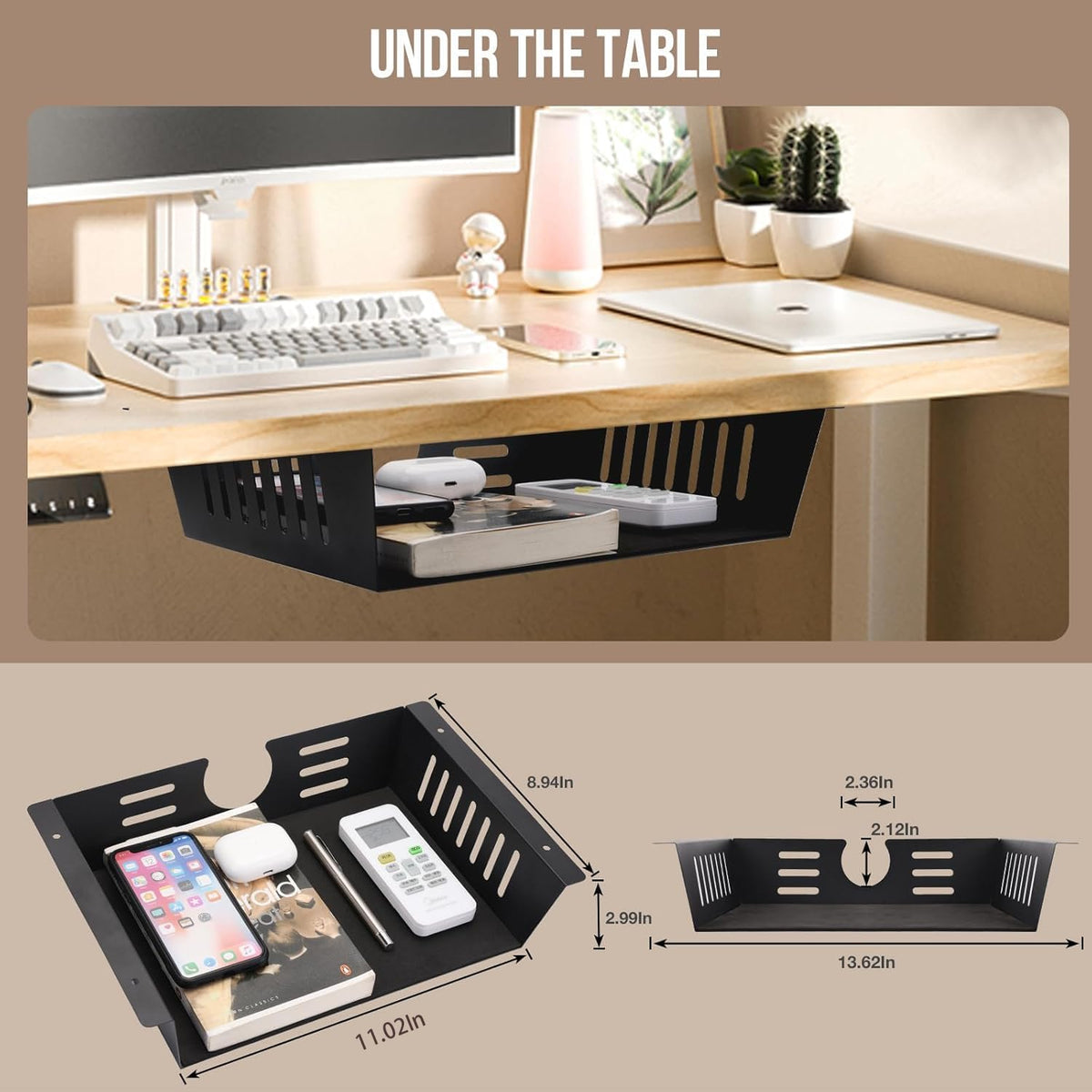 2 Pack Under Desk Shelf - Under Desk Storage Shelf Metals,Under Desk Organizer - Black Under Shelf Storage for Office Tables & Workstations（11 Inch）
