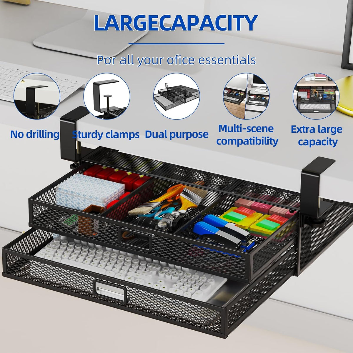 Under Desk Drawer Organizer No Drilling 2 Slide Out Drawer Under Table Storage Drawer Clamp On Under Desk Management Drawer Organizer Suitable for Home and Office