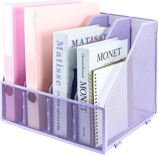 Desk Organizers, Metal Magazine File Holder with 4 Vertical Compartments Rack Binder File Organizer for Office Supplies, Home Workspace - Purple