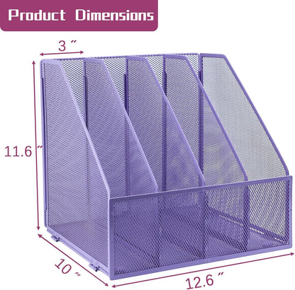 Desk Organizers, Metal Magazine File Holder with 4 Vertical Compartments Rack Binder File Organizer for Office Supplies, Home Workspace - Purple