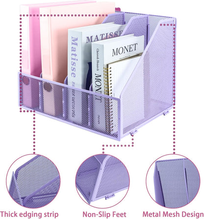 Desk Organizers, Metal Magazine File Holder with 4 Vertical Compartments Rack Binder File Organizer for Office Supplies, Home Workspace - Purple