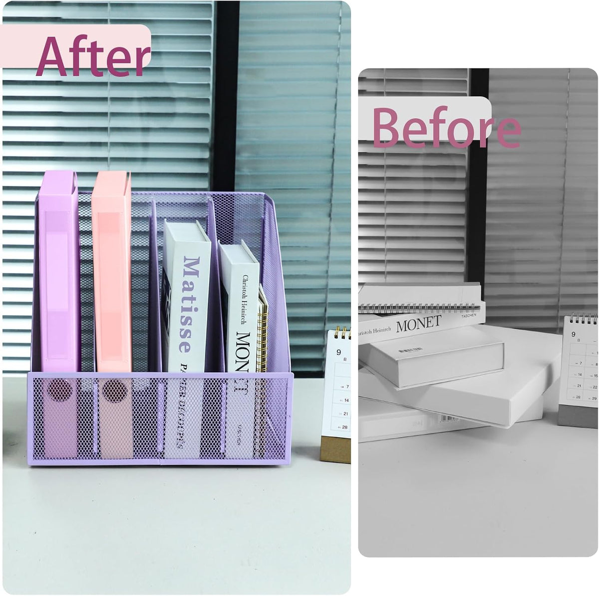 Desk Organizers, Metal Magazine File Holder with 4 Vertical Compartments Rack Binder File Organizer for Office Supplies, Home Workspace - Purple