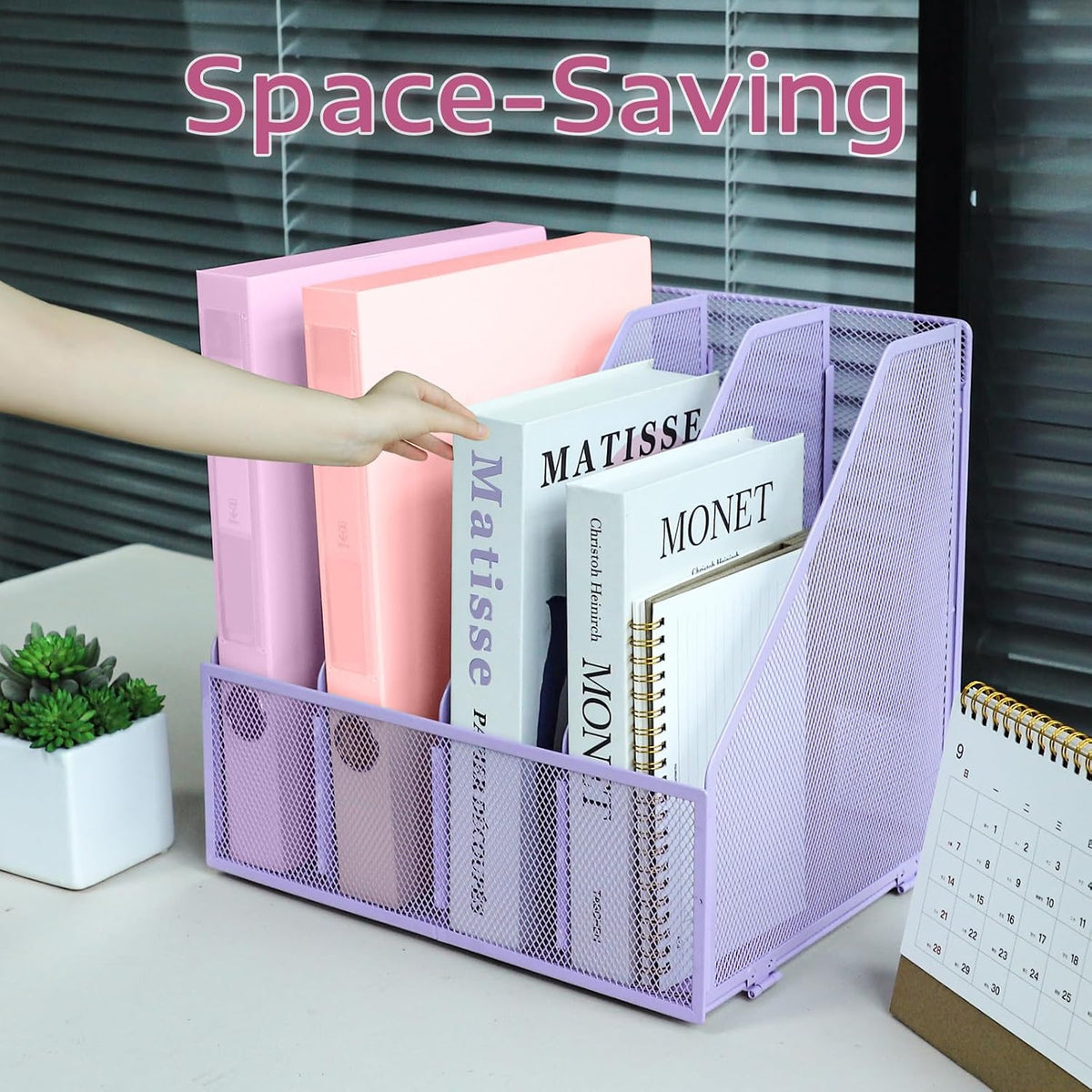 Desk Organizers, Metal Magazine File Holder with 4 Vertical Compartments Rack Binder File Organizer for Office Supplies, Home Workspace - Purple