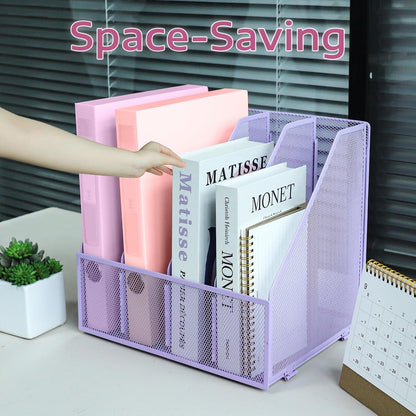Desk Organizers, Metal Magazine File Holder with 4 Vertical Compartments Rack Binder File Organizer for Office Supplies, Home Workspace - Purple