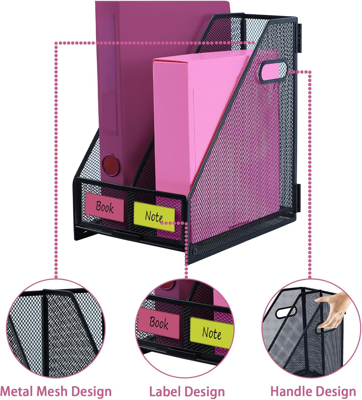 Desk Organizers, Metal Magazine File Holder with 4 Vertical Compartments Rack Binder File Organizer for Office Supplies, Home Workspace - Purple