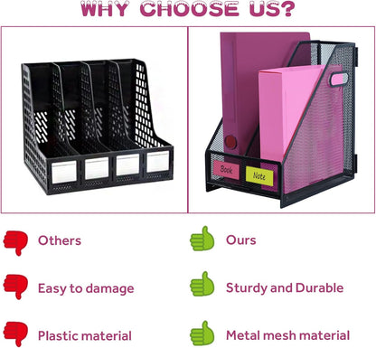 Desk Organizers, Metal Magazine File Holder with 4 Vertical Compartments Rack Binder File Organizer for Office Supplies, Home Workspace - Purple