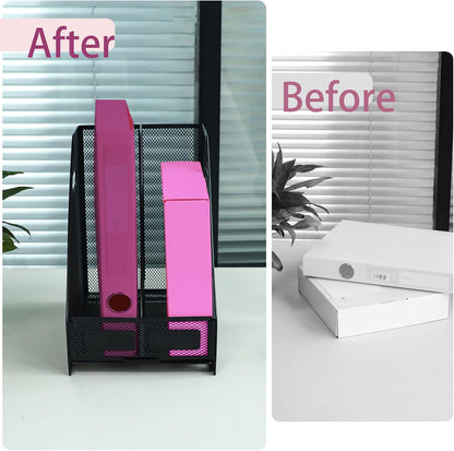 Desk Organizers, Metal Magazine File Holder with 4 Vertical Compartments Rack Binder File Organizer for Office Supplies, Home Workspace - Purple
