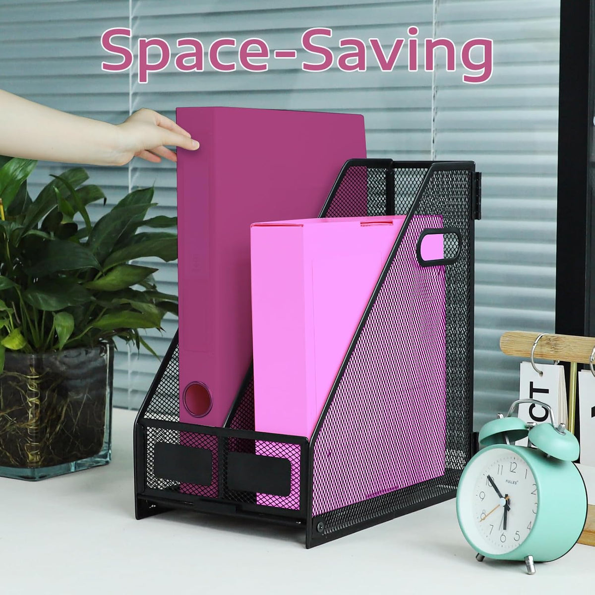 Desk Organizers, Metal Magazine File Holder with 4 Vertical Compartments Rack Binder File Organizer for Office Supplies, Home Workspace - Purple