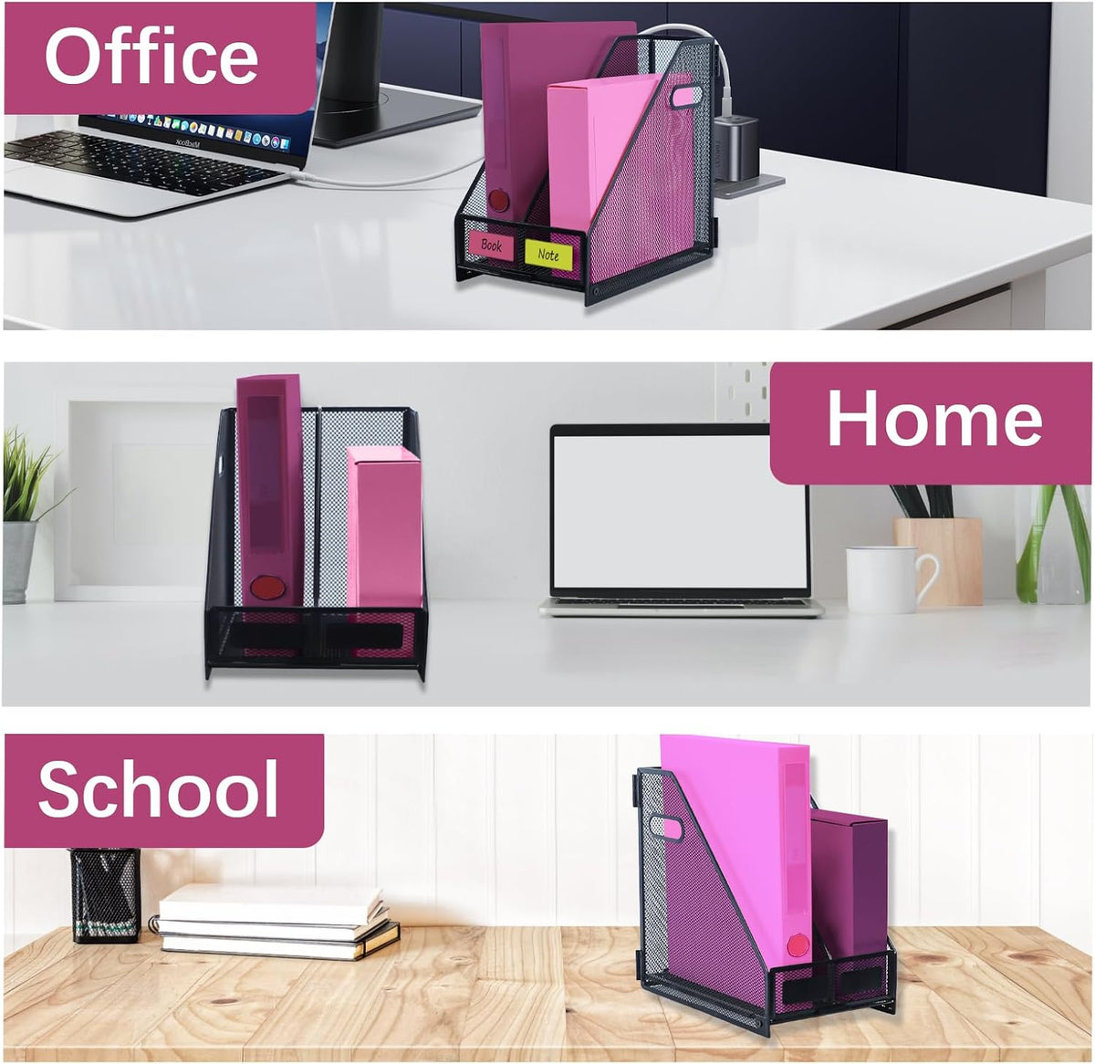 Desk Organizers, Metal Magazine File Holder with 4 Vertical Compartments Rack Binder File Organizer for Office Supplies, Home Workspace - Purple