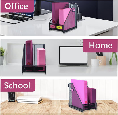 Desk Organizers, Metal Magazine File Holder with 4 Vertical Compartments Rack Binder File Organizer for Office Supplies, Home Workspace - Purple
