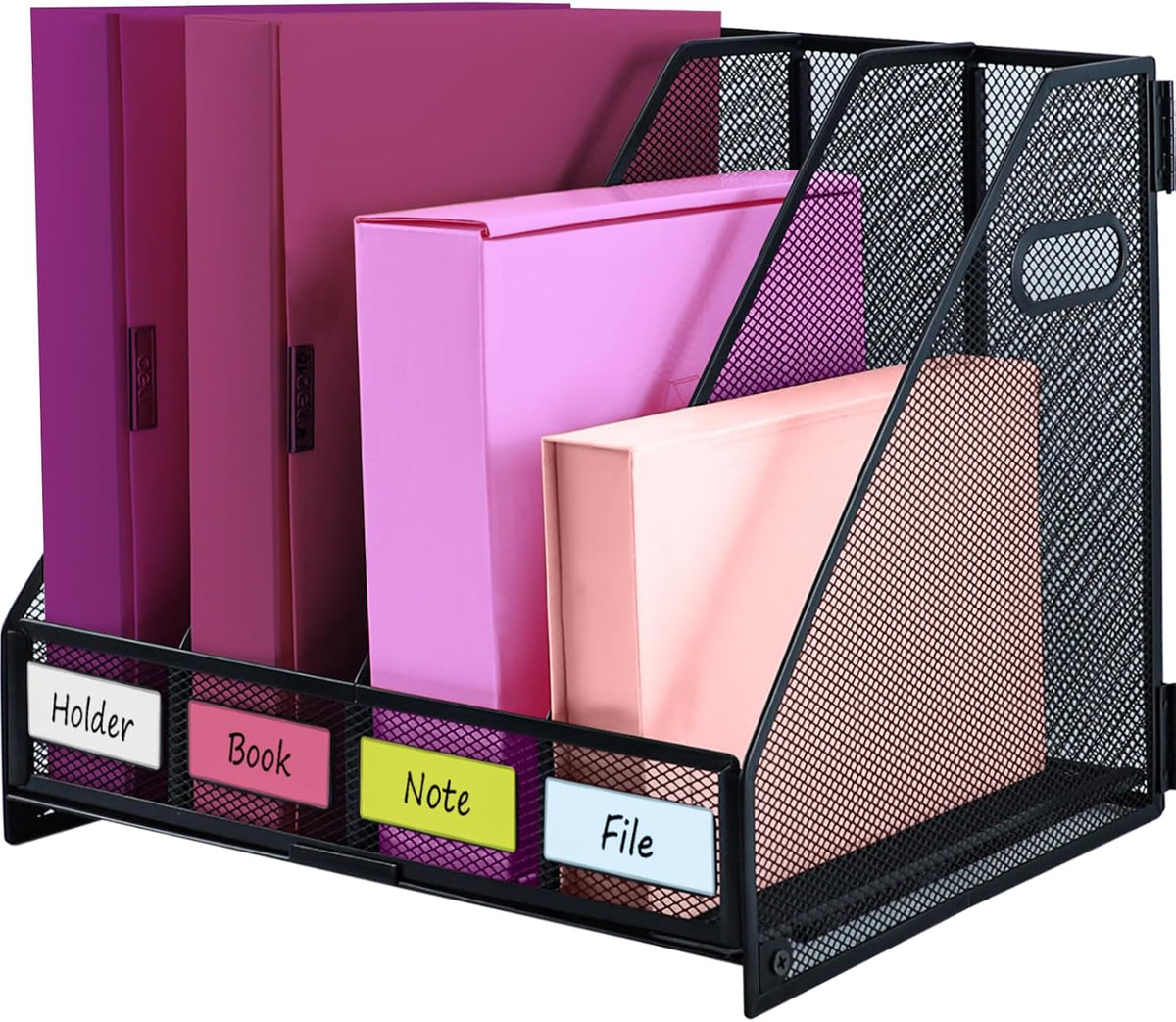 Desk Organizers, Metal Magazine File Holder with 4 Vertical Compartments Rack Binder File Organizer for Office Supplies, Home Workspace - Purple