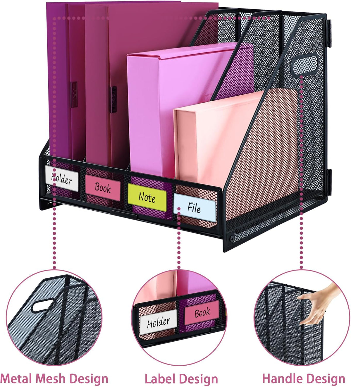 Desk Organizers, Metal Magazine File Holder with 4 Vertical Compartments Rack Binder File Organizer for Office Supplies, Home Workspace - Purple