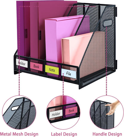 Desk Organizers, Metal Magazine File Holder with 4 Vertical Compartments Rack Binder File Organizer for Office Supplies, Home Workspace - Purple