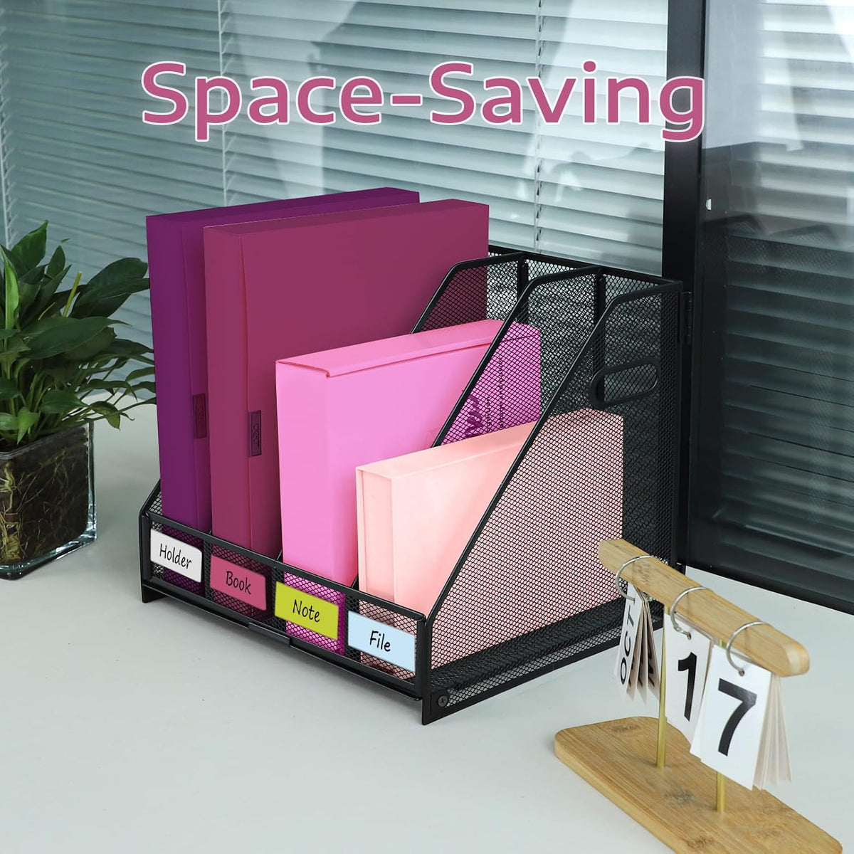 Desk Organizers, Metal Magazine File Holder with 4 Vertical Compartments Rack Binder File Organizer for Office Supplies, Home Workspace - Purple
