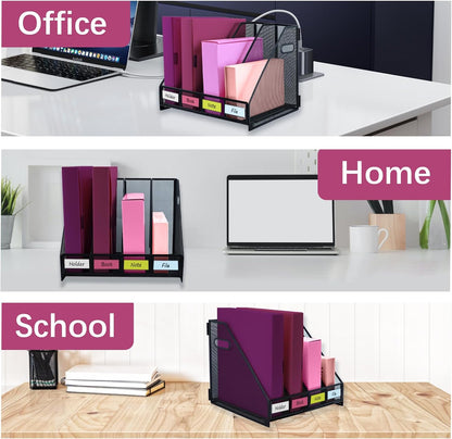Desk Organizers, Metal Magazine File Holder with 4 Vertical Compartments Rack Binder File Organizer for Office Supplies, Home Workspace - Purple