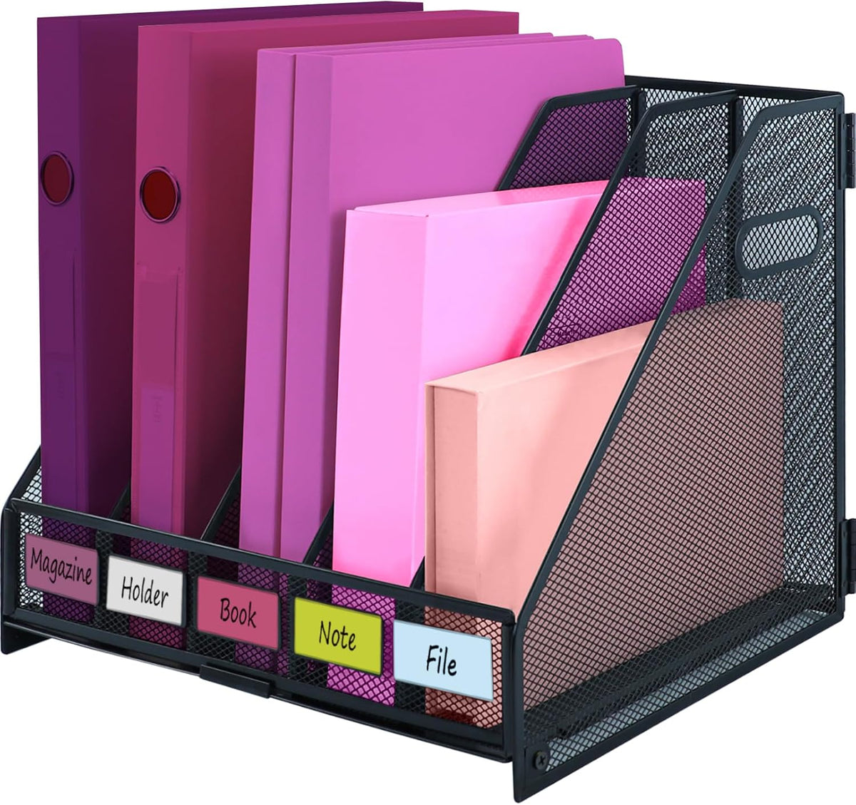 Desk Organizers, Metal Magazine File Holder with 4 Vertical Compartments Rack Binder File Organizer for Office Supplies, Home Workspace - Purple