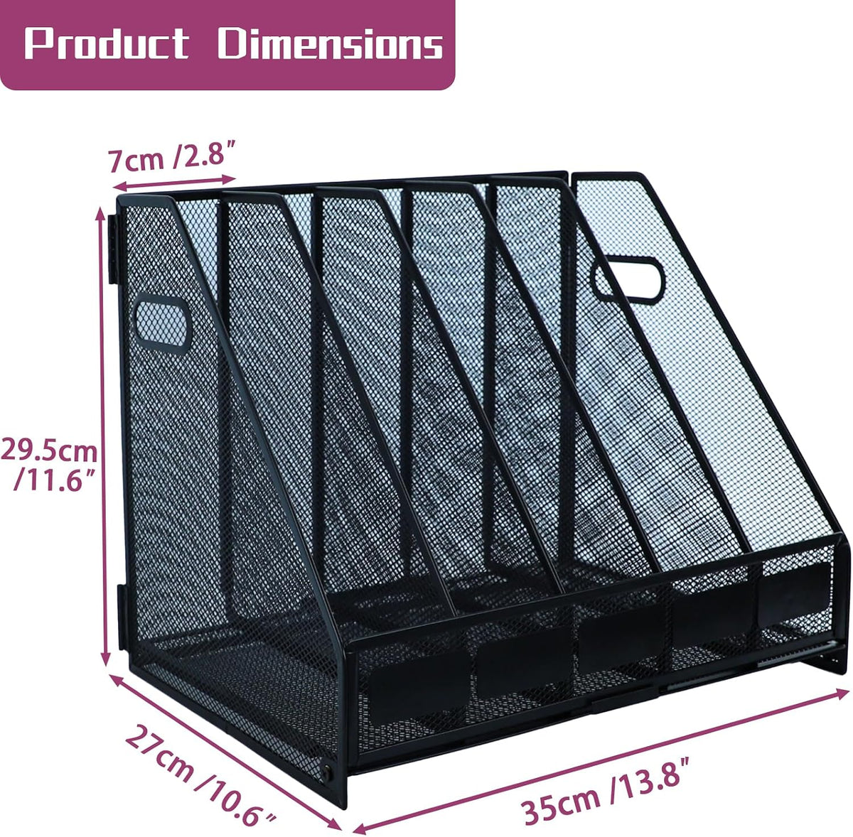 Desk Organizers, Metal Magazine File Holder with 4 Vertical Compartments Rack Binder File Organizer for Office Supplies, Home Workspace - Purple