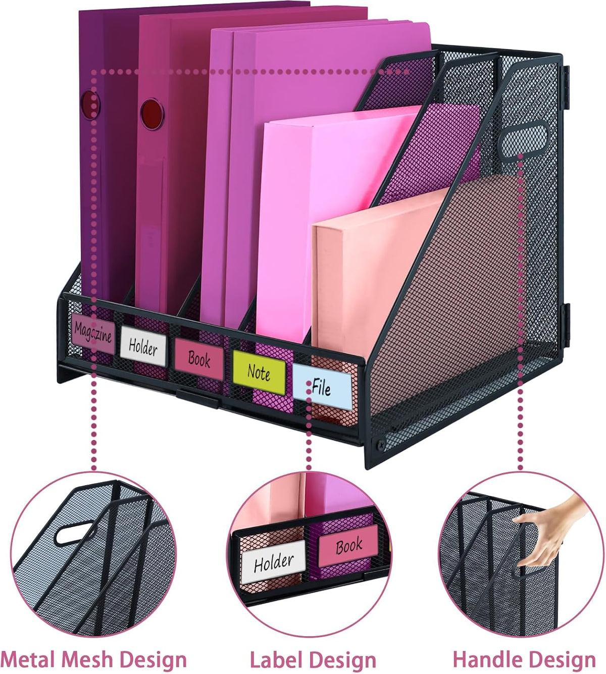 Desk Organizers, Metal Magazine File Holder with 4 Vertical Compartments Rack Binder File Organizer for Office Supplies, Home Workspace - Purple