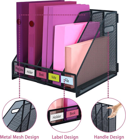 Desk Organizers, Metal Magazine File Holder with 4 Vertical Compartments Rack Binder File Organizer for Office Supplies, Home Workspace - Purple