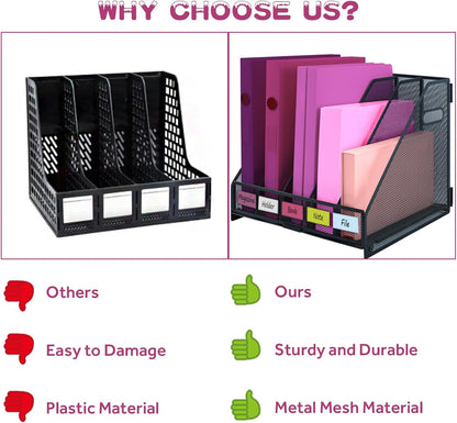Desk Organizers, Metal Magazine File Holder with 4 Vertical Compartments Rack Binder File Organizer for Office Supplies, Home Workspace - Purple