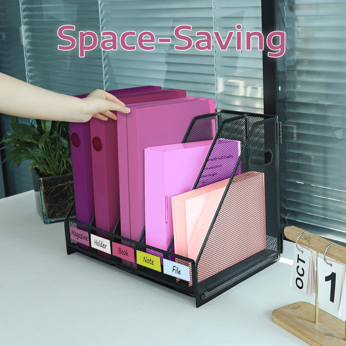 Desk Organizers, Metal Magazine File Holder with 4 Vertical Compartments Rack Binder File Organizer for Office Supplies, Home Workspace - Purple