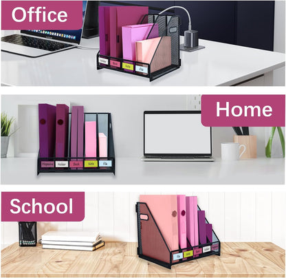 Desk Organizers, Metal Magazine File Holder with 4 Vertical Compartments Rack Binder File Organizer for Office Supplies, Home Workspace - Purple