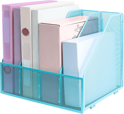 Desk Organizers, Metal Magazine File Holder with 4 Vertical Compartments Rack Binder File Organizer for Office Supplies, Home Workspace - Purple