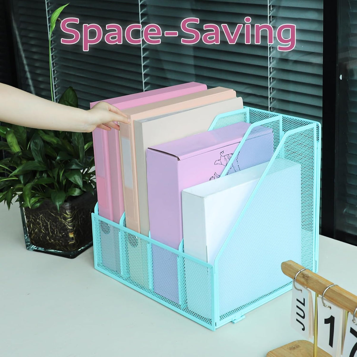 Desk Organizers, Metal Magazine File Holder with 4 Vertical Compartments Rack Binder File Organizer for Office Supplies, Home Workspace - Purple