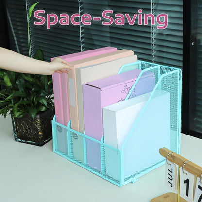 Desk Organizers, Metal Magazine File Holder with 4 Vertical Compartments Rack Binder File Organizer for Office Supplies, Home Workspace - Purple