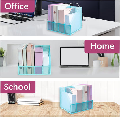 Desk Organizers, Metal Magazine File Holder with 4 Vertical Compartments Rack Binder File Organizer for Office Supplies, Home Workspace - Purple