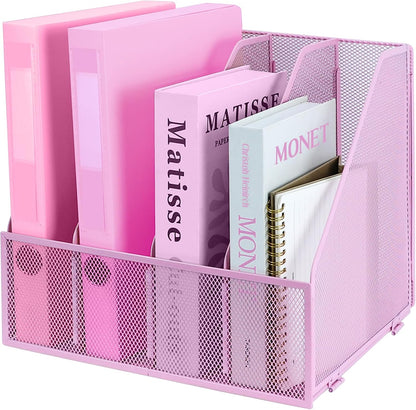 Desk Organizers, Metal Magazine File Holder with 4 Vertical Compartments Rack Binder File Organizer for Office Supplies, Home Workspace - Purple