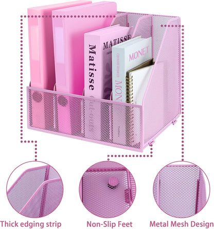 Desk Organizers, Metal Magazine File Holder with 4 Vertical Compartments Rack Binder File Organizer for Office Supplies, Home Workspace - Purple