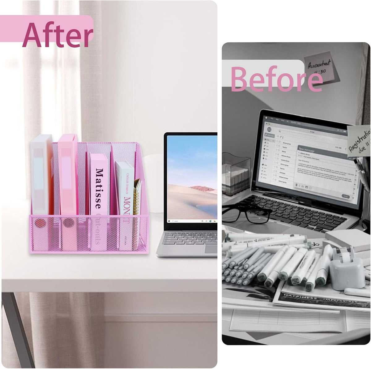 Desk Organizers, Metal Magazine File Holder with 4 Vertical Compartments Rack Binder File Organizer for Office Supplies, Home Workspace - Purple