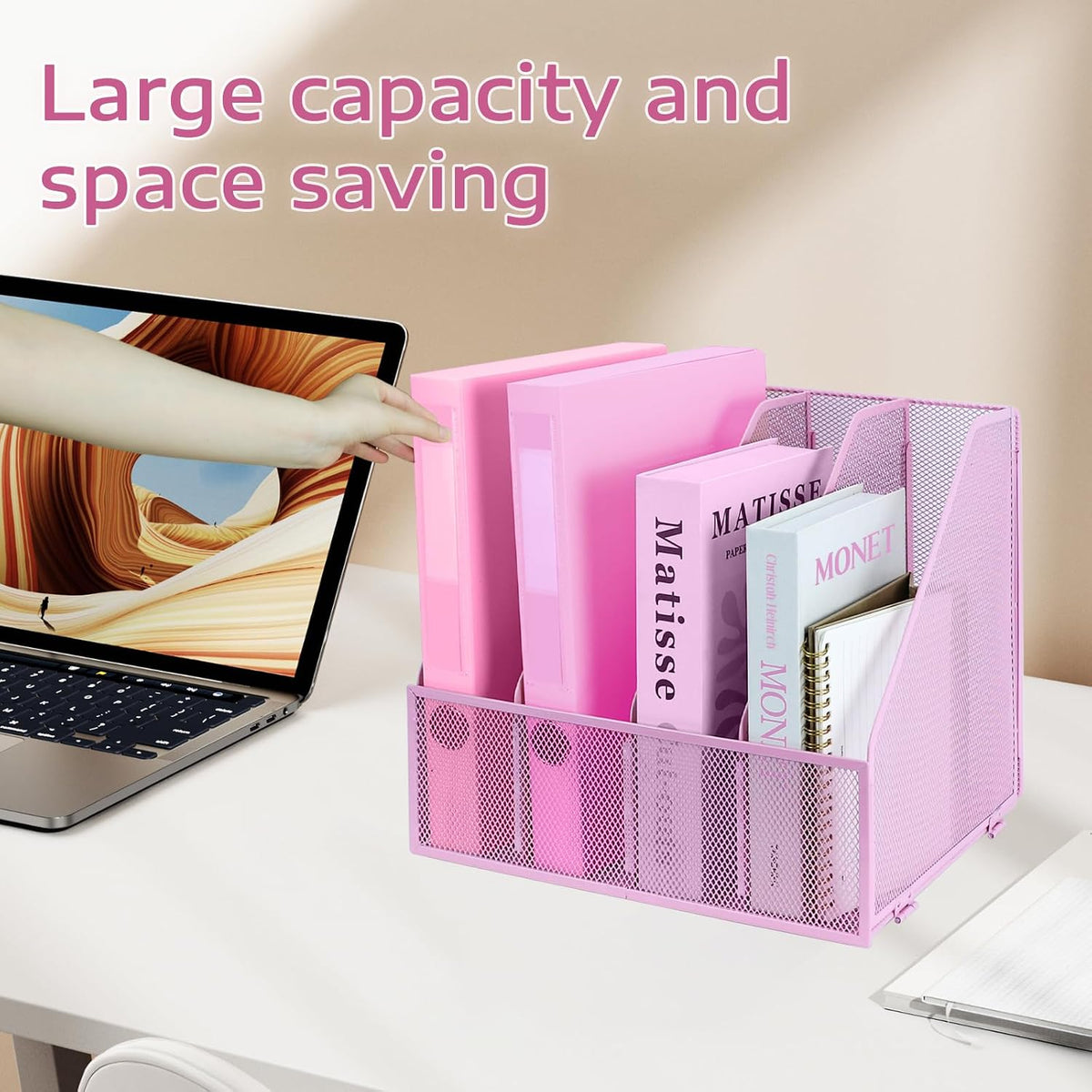 Desk Organizers, Metal Magazine File Holder with 4 Vertical Compartments Rack Binder File Organizer for Office Supplies, Home Workspace - Purple