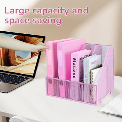 Desk Organizers, Metal Magazine File Holder with 4 Vertical Compartments Rack Binder File Organizer for Office Supplies, Home Workspace - Purple